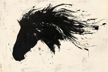 Horse head silhouette with paint splashes,  Grunge background