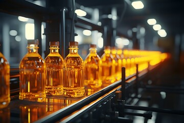 Bottles of sunflower oil on conveyor belt in factory.