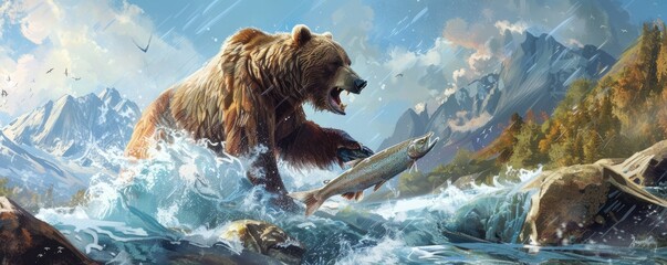 A grizzly bear hunting a salmon fish