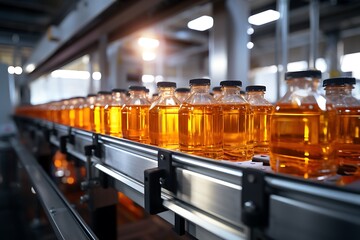 Bottles of sunflower oil on conveyor belt in factory.