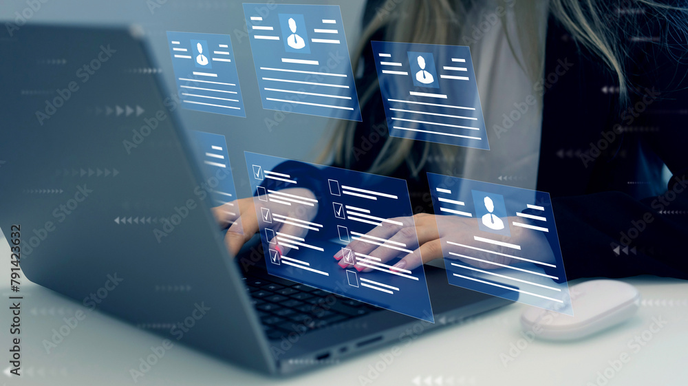 Poster human resources and management concept. employees must complete the online survey form, answer the t
