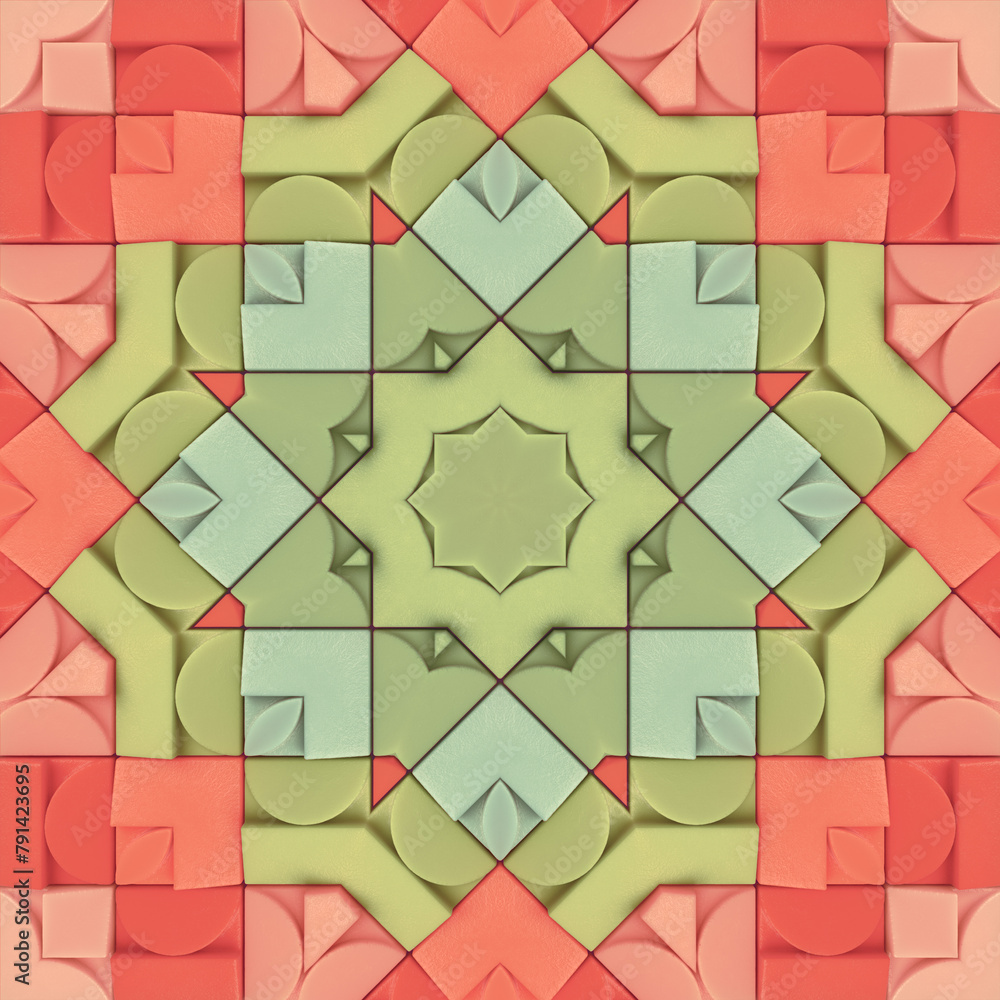 Poster A symmetrical star-like geometric pattern of intersecting shapes and lines. 3d rendering digital illustration