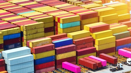 From above, the container terminal unfolds like a vivid tapestry, its intricate design composed of colorful cargo containers and minuscule vehicles moving in orchestrated harmony.
