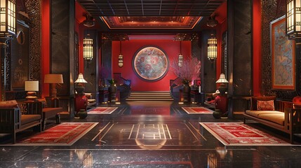 A large room with red walls and a red carpet
