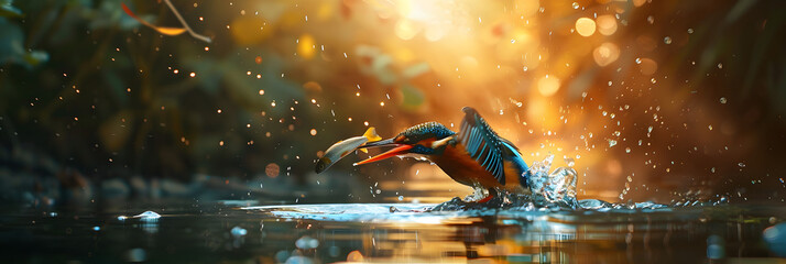 Beautiful kingfisher catching a fish, cinematic lighting