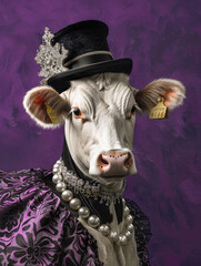 cow dressed as diamonds with a pearl necklace, wearing a black hat and with her hair up in an elegant bun
