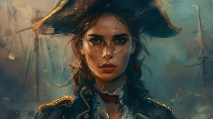 Brave woman pirate captain of naval fleet fantasy port