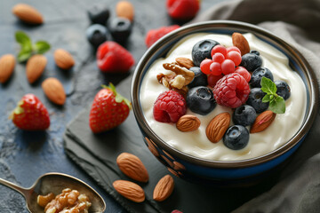Greek yogurt with berries and nuts. Healthy meal. vegetarian dessert.