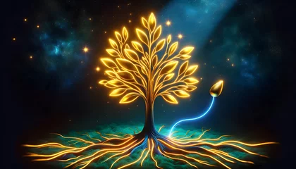 Fotobehang Concept of economic growth, a golden seed sprouting into a large, vibrant tree with neon golden leaves, symbolizing prosperity and growth. © KeetaKawee