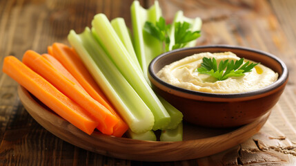 plate with hummus dip and vegetables sticks. Healthy vegan meal.