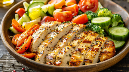 Sliced chicken breast with vegetables. Chicken salad. Healthy meal.