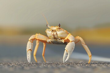 Crab on the road, closeup of photo with soft focus