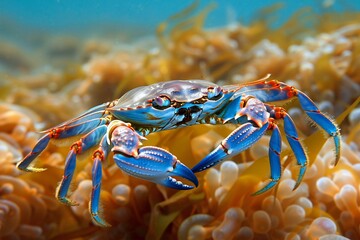 Blue crab on a sea anemone in Bohol, Philippines