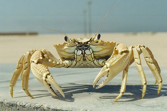 Crab on the beach in the sun, closeup of photo
