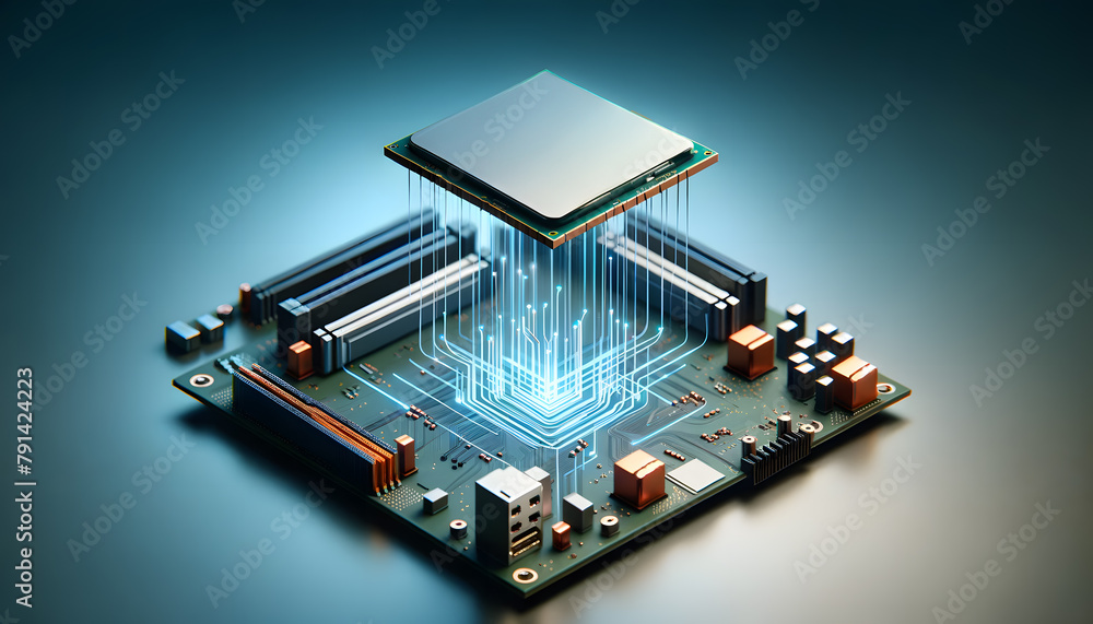 Aufkleber a cpu floating down from above, perfectly aligning to connect with a motherboard, neon-style electri