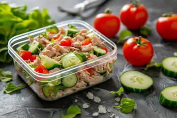 Tuna salad in lunchbox. Takeaway food. Healthy meal. Meal prep container with tuna salad.