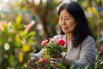 Happy senior woman taking care of plants outdoors in garden. Hobby on retirement.  - obrazy, fototapety, plakaty