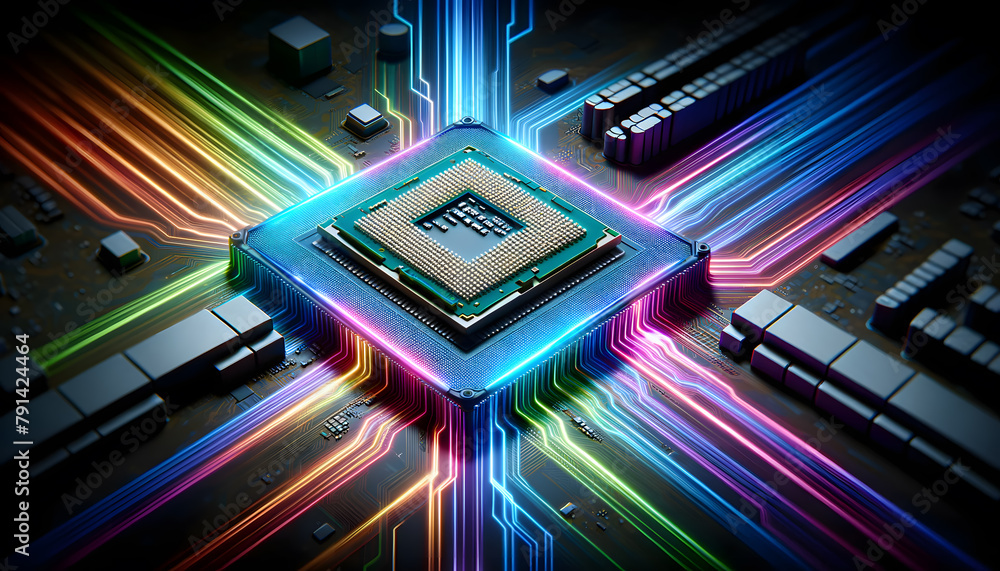 Poster a cpu connect with a motherboard, the neon-style electrical lines with motion blur effect, rendered 