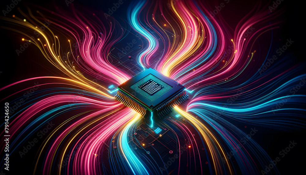 Poster a cpu connect with a motherboard, the neon-style electrical lines with motion blur effect, rendered 