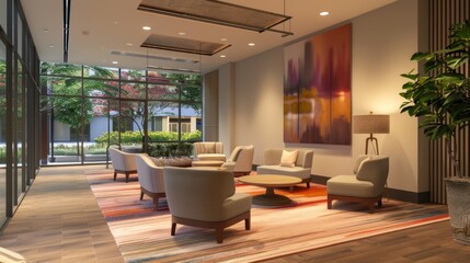 A comfortable lounge area for team meetings or brainstorming sessions with cozy chairs and soft lighting to encourage relaxation and collaboration. .