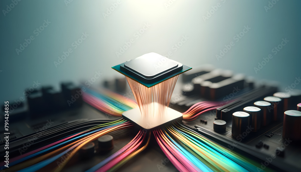 Poster a cpu floating down from above, perfectly aligning to connect with a motherboard, neon-style electri