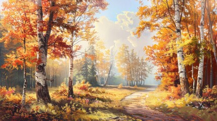 Obraz premium Sunny day in an autumn forest landscape