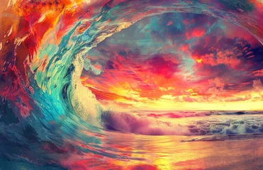 Poster Mélange de couleurs Colorful sunset inside the wave tube with a beautiful ocean landscape view