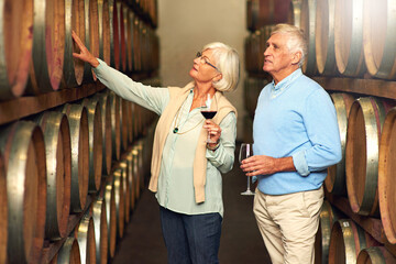 Elderly couple, cellar and glass for wine tasting, retirement and france holiday together. Mature...