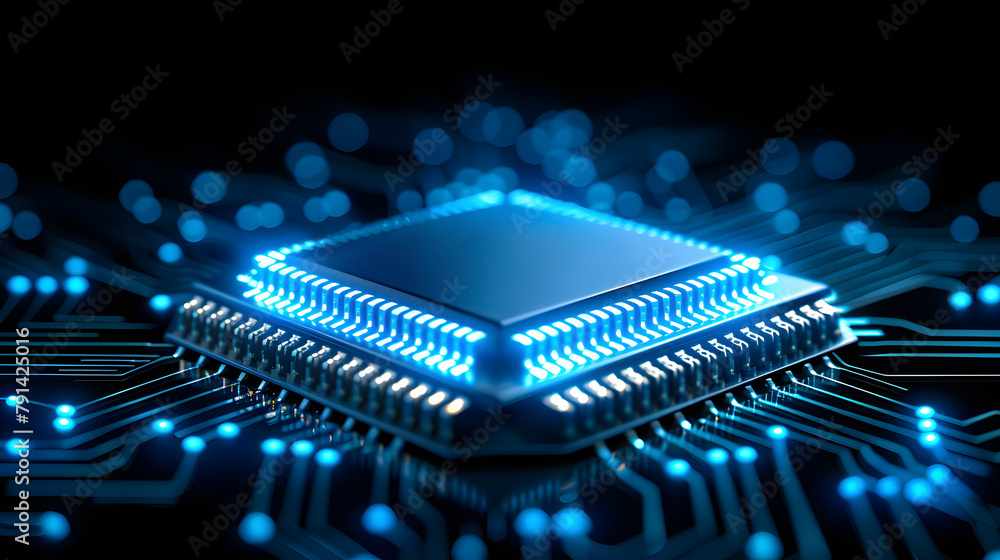 Poster a cpu connect with a motherboard, the neon-style electrical lines with motion blur effect, rendered 