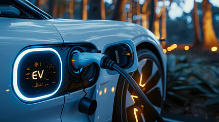 a close-up on the charging port area of a white electric car, with the charging cable securely connected and an illuminated "EV" indicator glowing to signify the charging process.
