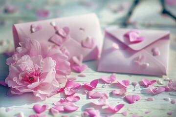 Romantic background with pink flowers and pink envelopes on white wooden surface
