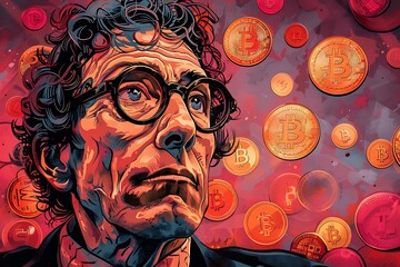 A man with glasses is surrounded by many coins