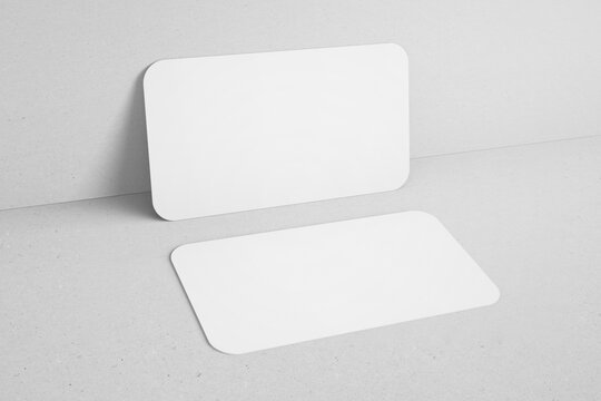 blank minimal clean 90x50mm us size horizontal brand identity business name card with round corner leaning to wall realistic mockup design template 3d render illustration