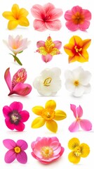 Fototapeta premium A Vibrant Collection Of Various Colorful Meadow Flowers Arranged on a White Background. Presenting unique shapes and colors, meticulously arranged to highlight their natural beauty.