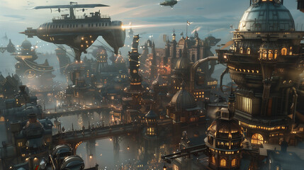 Steampunk Cityscape, Fantasy Urban Illustration, Futuristic with Copy Space