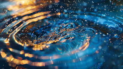 waves in water reflections on surface 3d render background with sky and sun reflections, Water drops on the surface of the water. Abstract background for design ,Streams of light - fractal  pattern 