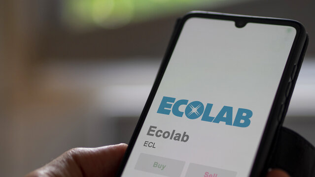 April 09th 2024 , Saint Paul, Minnesota. Close up on logo of Ecolab on the screen of an exchange. Ecolab price stocks, $ECL on a device.