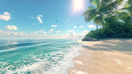 Escape to a virtual beach paradise and feel the warm sun on your skin as you take a relaxing stroll along the shore. Sink your feet into the sand and let your worries . - obrazy, fototapety, plakaty