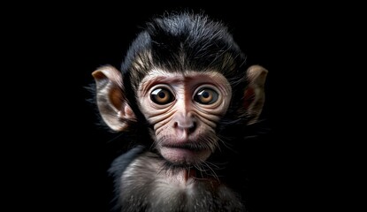 Intriguing Portrait of Young Monkey Against Dark Background. Captivating Wildlife Photography. Expressive Animal Face Shot. Natural World Exploration. Endearing Primate Close-up. AI