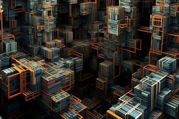  rendering of abstract geometric composition with cubes in black and orange
