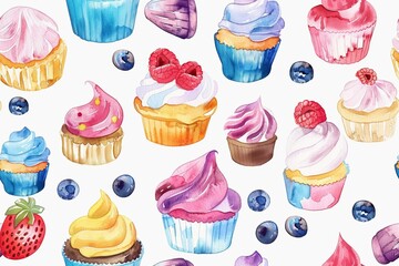 Watercolor cupcakes and desserts seamless pattern