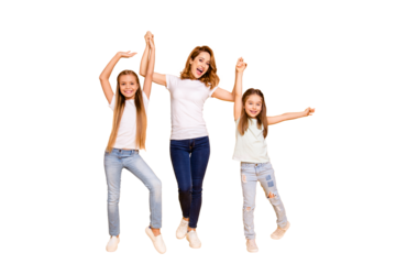 Full length body size view portrait of three nice cute attractive stylish healthy slim cheerful people holding raising hands mum mommy win winner isolated over bright vivid shine yellow background