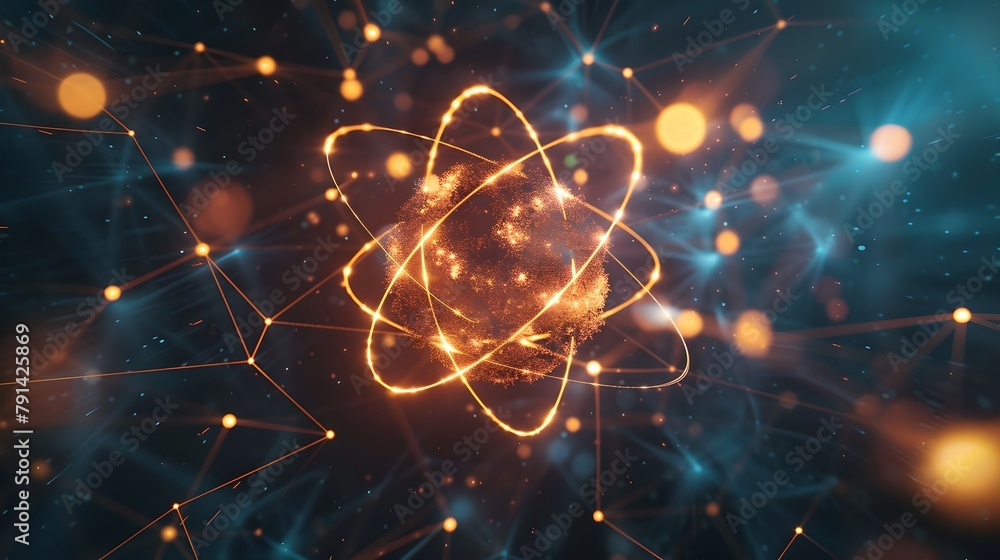 Poster vibrant atomic particle representation in a quantum physics concept image. digital graphic for scien