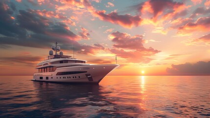 Luxury Yacht Sailing at Sunset, Ocean Voyage - obrazy, fototapety, plakaty