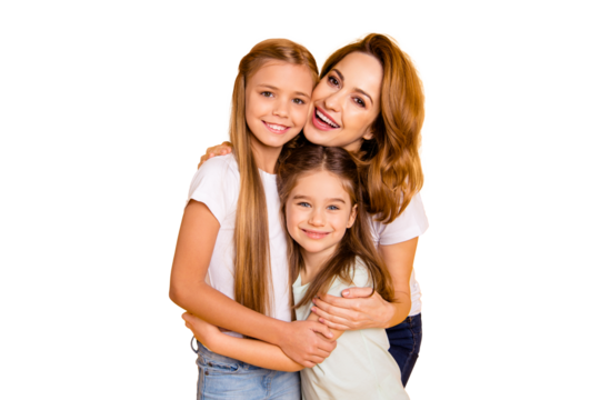 Portrait of three nice cute winsome lovely sweet tender attractive cheerful caucasian people cuddling mum mommy trust care isolated over bright vivid shine yellow background