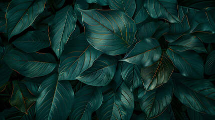 Foliage of tropical leaf in dark green texture, abstract pattern nature background.