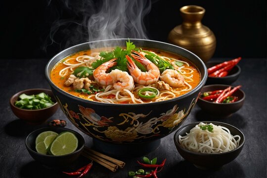 An appetizing bowl of Asian shrimp noodle soup with steam rising, surrounded by ingredients