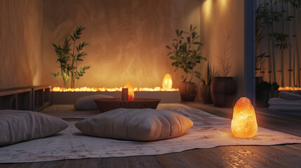 A peaceful meditation corner with plush cushions and a small Zen garden, illuminated by the soft glow of a Himalayan salt lamp. Tranquil ambiance in a minimalist room. Promotion background.