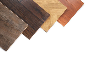 Different samples of wooden flooring isolated on white, top view