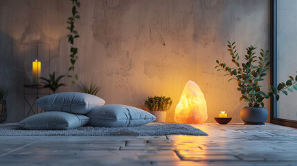 A peaceful meditation corner with plush cushions and a small Zen garden, illuminated by the soft glow of a Himalayan salt lamp. Tranquil ambiance in a minimalist room. Promotion background.
